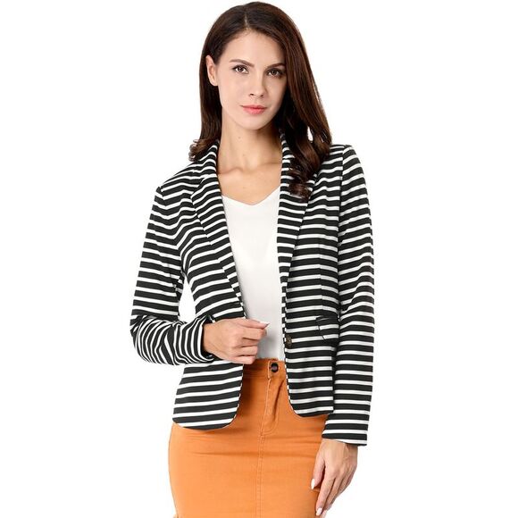 Notched Lapel Pocket Button Closure Striped Blazer Black - Picture 1 of 6